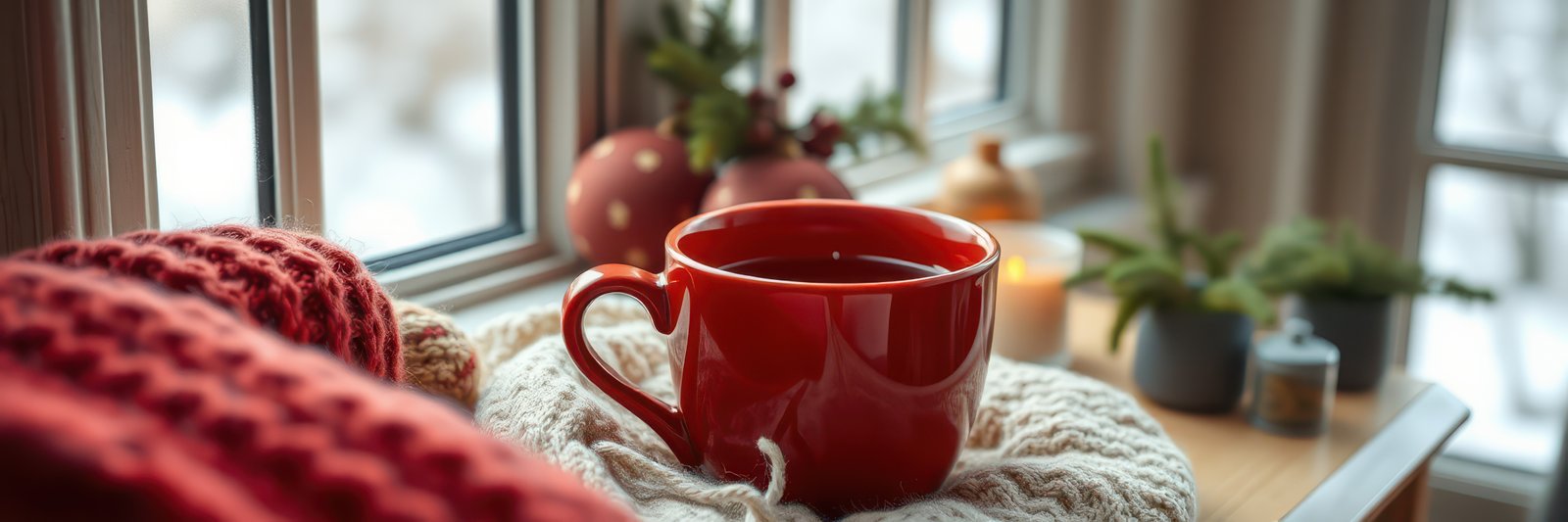 Warm cup of tea on a cozy windowsill with winter decorations and soft textiles